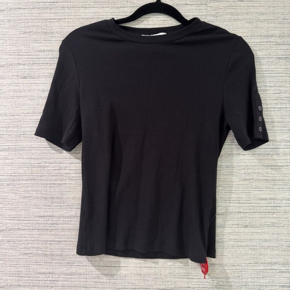 Derek Lam 10 Crosby Black Luxe Knit Top Ribbed Salma Short Sleeve Size Medium